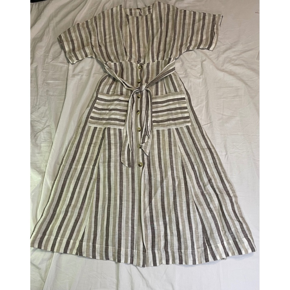 Free People Midi Dress Women Small Tan Striped Linen Blend Button Front Tie Belt